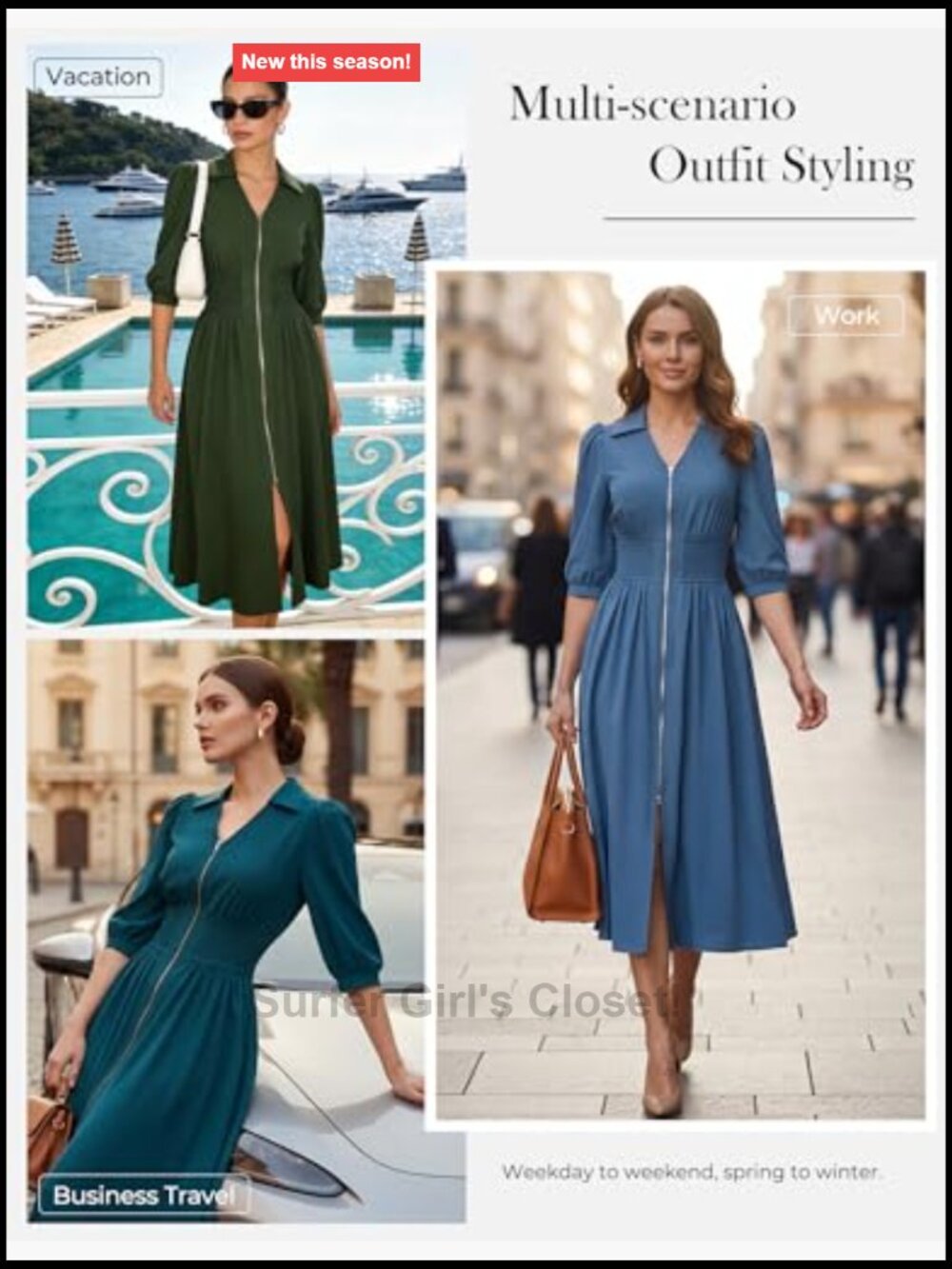 Midi Dress A-Line Work Dress 3/4 Sleeve Zipper Smocked Waist Pockets - Picture 6 of 7
